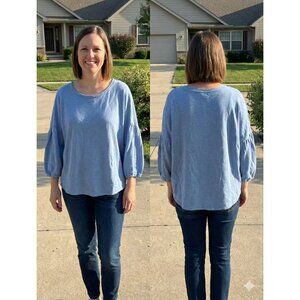 Pure Jill J. Jill Blue 100% Cotton Textured Knit 3/4 Puff Sleeve Top Shirt XL